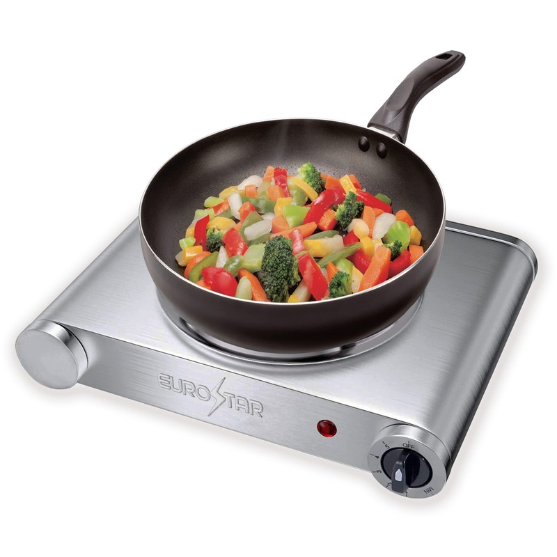 EUROSTAR ES181SS Stainless Steel Single Burner with Cast-Iron Flat Plate,