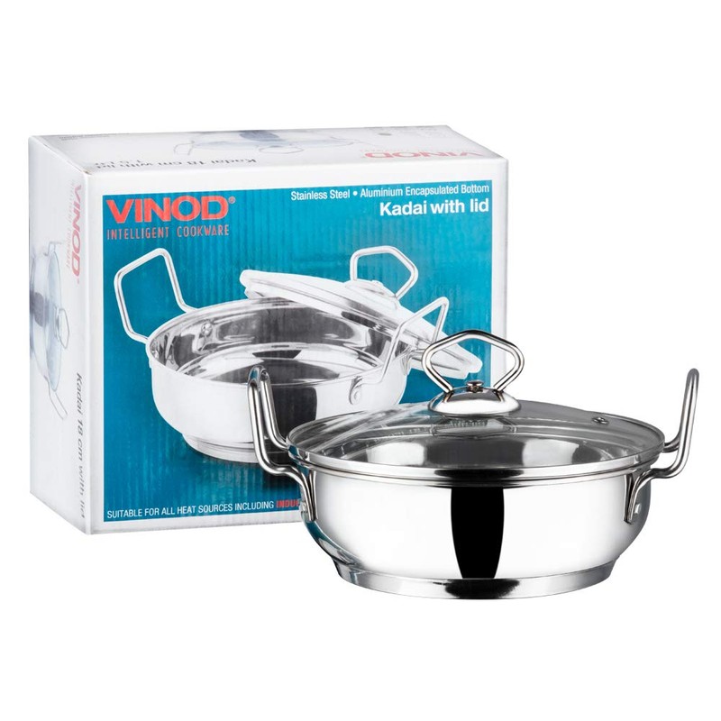 Vinod Cookware Induction Friendly Kadai With Lid Silver 1.5 Litres,