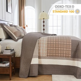 Finlonte Oversized King Bedspread 120"x120" - Rustic Plaid Quilted Coverlet Set, 100% Cotton Lightweight Reversible Bedding, Farmhouse Patchwork California King Quilt All Seasons, Brown/Beige/Taupe