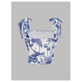 Floerns Girl's Floral Print Tie Shoulder Camisole Sleeveless Vacation Cami Tops Blue 11Y