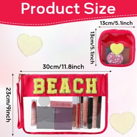 party greeting 2Pcs Beach Gifts Beach Chenille Makeup Bags Portable Travel Cosmetic Bag with Zipper Summer Patch Letter Bag Waterproof Storage Purse Flat Clear Pouch PVC Organizer for Women