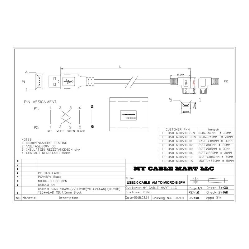 My Cable Mart 10ft USB 2.0 Type A Male to