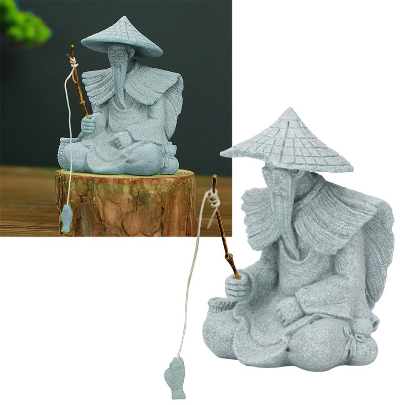 Fisherman Statue Sitting Fishing Old Man Figurine Small Desk Ornament