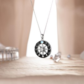 VONALA Moon Phase Compass Necklace, 925 Sterling Silver Moonstone Compass Pendant Necklace Compass Jewelry for Women/Men