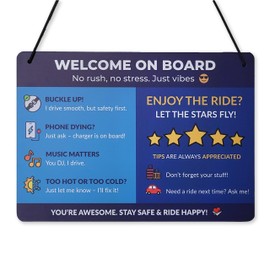 Funny Rideshare Car Sign – “Welcome On Board” Hanging Backseat Reminder for Passengers – 5-Star Rating & Tip Etiquette Sign – Waterproof PVC Display for App-Based Drivers – 11x7.9in