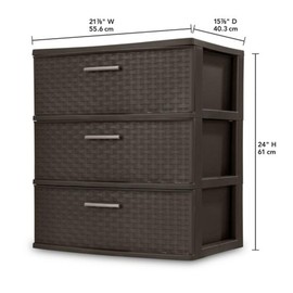 Sterilite 3 Drawer Wide Weave Storage Tower, Plastic Decorative Drawers to Organize Clothes in Bedroom, Closet, Brown with Brown Drawers, 1-Pack