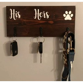 Handmade His - Hers - Paw Print wood key holder sign with hooks, custom,  leash holder