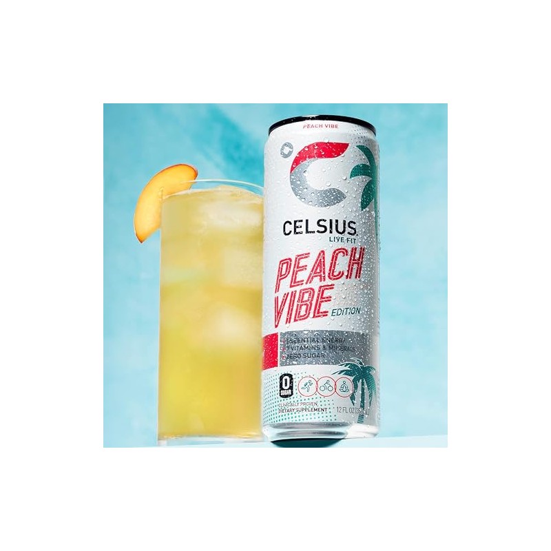 CELSIUS Bebida deportiva Sparkling Peach Vibe, sin azúcar, 12 oz.