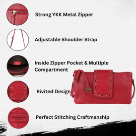 9.5 inch Genuine Italian Leather Boho Studded Crossbody Sling Bag - Stylish, Durable, & Perfect for Everyday Use for women (Red)
