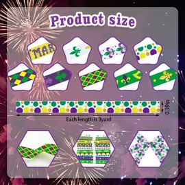 Estivaux 9 Pieces Mardi Gras Ribbons 3/8" Wide Purple Green Grosgrain Ribbon Fleur de Lis Ribbon Fat Tuesday Buffalo Plaid Craft Ribbons for Gift Wrapping Mardi Gras Masquerade Party Decor, 27 Yards