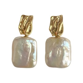 18K Gold Plated Baroque Pearl Earrings for Women Minimalist Geometric Square Chunky Pearls Drop Earrings (Pearl)