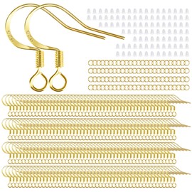 200 PCS/100 Pairs 14K Gold Tone Earring Hooks Hypoallergenic 925 Sterling Silver Plated Ear Wires Fish Hooks with 100 PCS Silicone Earring Backs and Jump Rings Earring Finding for DIY Jewelry Making
