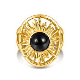 Joliernelle 18K Gold Sun Ring with Lapis/Opal/Moon Stone/Agate/Turquoise stone Ring for Women, Metal, Onyx