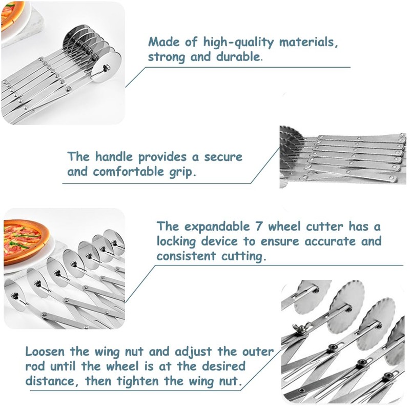 7 Wheel Pastry Cutter Stainless Steel Pizza Slicer, Adjustable Pizza