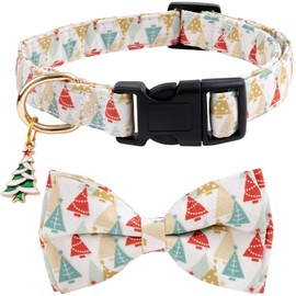 Cotton Christmas Dogs Collar with Bow Tie Beige Gold Dog Collars for Girl Female Boy Male Small Medium Large Dogs Christmas Trees Charms S