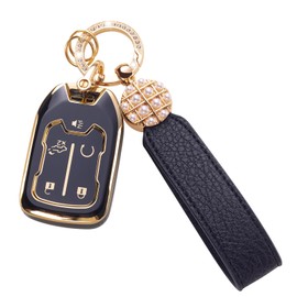 Qetoosur for GMC Key Fob Cover with Leather Lanyard, Key Case Protection Shell Fit for 2019-2023 Chevy Silverado GMC Sierra 2500 Smart Key Holder, Black