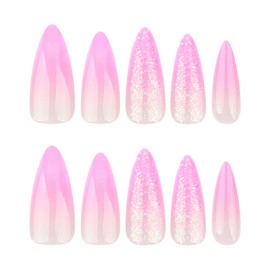 SINHOT Stiletto Press on Nails Long Fake Nails Glossy Glue on Nails Pink White Ombre Bling Glitter Acrylic Nails Almond Artificial Nails Stick on False Nails with Design 24 pcs