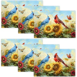 Cardinal Placemats Set of 6 Sunflower Winter Birds Flowers Butterfly Watercolor Table Mats Washable Place Mats for Home Party Kitchen Indoor Outdoor Restaurants 12''x18''