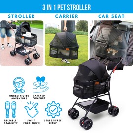 BicyStar Pet Stroller for Small Dogs Cats with Detachable Carrier Black 33 Pounds