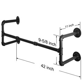 WEBI Clothing Rack Wall Mount,42'' Industrial Pipe Clothes Rack for Hanging Clothes,Heavy Duty Iron Garment Rack Bar,Retail Display Clothes Rod for Closet,Laundry Room,4 Base,Black