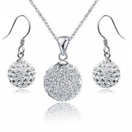 Crystalline Azuria Crystals Disco Ball White Set Pendant Necklace 18 inches Hook Earrings Solid Silver S925 for Women