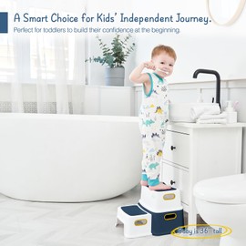 Forbena Toddler Step Stool for Bathroom Sink, Two Step Stool for Kids Toilet Potty Training, Toddlers Baby Child Kid Plastic Poop Stools with Handles for Kitchen Counter Bed (Navy Blue-Yellow)