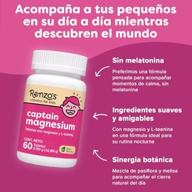 Renzo's Captain Magnesium | Magnesio + L-Teanina para Niños | 60 Tabs Masticables sin Azúcar | Sabor Manzana