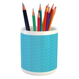 Ambesonne Kites Pencil Pen Holder, Cartoon Style Colorful Kites Pattern Summer Season Elements on Blue Toned Background, Printed Ceramic Pencil Pen Holder for Desk Office Accessory, Multicolor