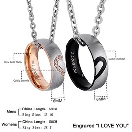 Brateuanoii Couple Necklace, Women's Necklace for Couples, Friendship Necklace, Couple Necklace Heart, Chain 60 cm 50 cm, Silver, with Ring Pendant, Rose Gold, Black, Stainless Steel