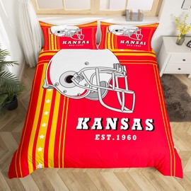 Erosebridal American Football City Duvet Cover Football Sports Game Full Bedding Set with 2 Pillowcases, American Football Helmet Comforter Cover Teen Boys Football Bedroom Decor, Yellow Red (Kansas)