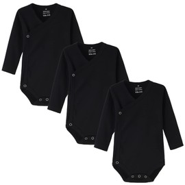 BINIDUCKLING Pack of 3 Baby Boys Girls Long Sleeve Wrap Bodysuits - 100% Cotton Baby Bodysuit with Side Poppers for Newborns - 12 Months, black