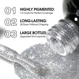 VENALISA Glitter Gel Nail Polish 1 Pcs 12ml Sliver Color Gel Polish Soak Off UV Gel Salon Manicure DIY at Home Nail Art For Girls Women