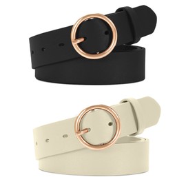 JASGOOD 2 Pack Women Leather Belt for Jeans Dress PU Leather Ladies Belt with Gold O Ring Buckle (B-Black+Beige, Suit for waist size 35"-39")