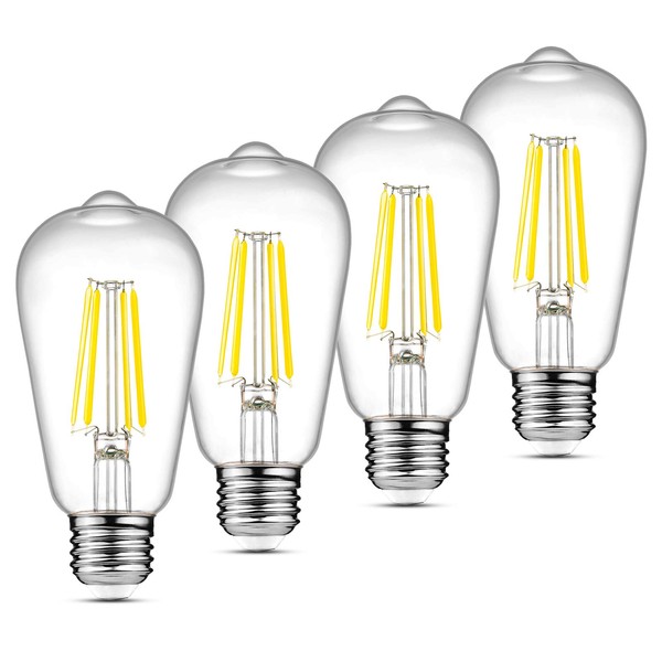Ascher LED Edison Bulbs 6W, Equivalent 60W, High Brightness Daylight White 4000K, 700 Lumens, ST58 Vintage LED Filament Bulbs with 80+ CRI, E26 Base, Non-Dimmable, Clear Glass, 4 Packs