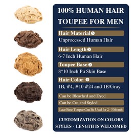 originea DAIXI Pu Skin Toupee for Men 100% European Human Hair 8x10 inch Hairpiece for Men 0.04mm Thin Skin Hair Replacement System All V-looped Units Mens Toupee #2 Color
