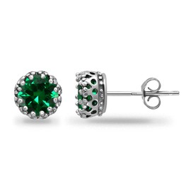 Sterling Silver Simulated Emerald Crown Stud Earrings