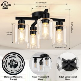 Asnxcju Semi Flush Mount Ceiling Light, 4-Lights Kitchen Lighting Fixtures Ceiling Mount, Modern Black Ceiling Lights with Clear Glass Shades for Bedroom, Entryway, Bathroom, Farmhouse