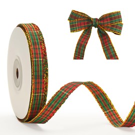 G2PLUS Red and Green Gift Ribbon 10 mm, Slim Christmas Checked Ribbon with Gold Edge, 22 m Plaid Christmas Ribbons for Gifts, Decorative Ribbon for Christmas Wreaths, Christmas Tree Decoration