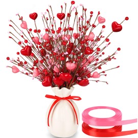 JUNEBRUSHS Mother's Day Picks, 6 Pack Artificial Berry Stems Heart Shaped Berry Picks with 2 roll Ribbons for Mother's Day Wedding Banquet Party Decor