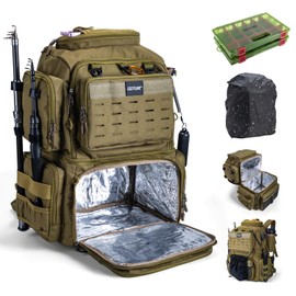 Goture Fishing Backpack with 2 Tackle Boxes, 53L 600D Water-Resistant Tackle Backpack with Cooler,Rod Holders, 8 Lure Pockets, Rain Cover, Large Fishing Bag Storage Gear Tackle Bag for Camping Hiking