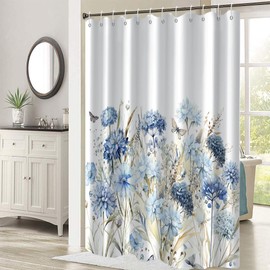 Ruelvth Blue Floral Shower Curtain, Watercolor Hydrangea Flower Shower Curtain for Bathroom Waterproof Fabric Shower Curtain Set with Hooks, 72x72 Inch