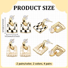 GOMAKERER 4 Pairs 2 Colors Checkered Earrings for Women, Vintage Black and White Checkered Dangle Earrings Geometric Rectangle U-shaped Earring for Women