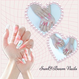 Sun&Beam Nails Handmade Nail Tips, Medium, Long, Coffin Pink, White, Green, Hand-painted, Cherry False Nails, Gradient Design, Stylish, Set of 10 (#171 S)