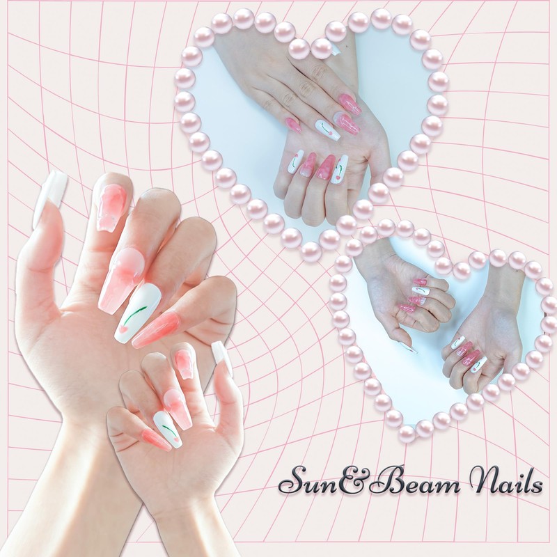 Sun&Beam Nails Handmade Nail Tips, Medium, Long, Coffin Pink, White,