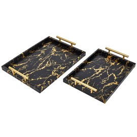 UPPER DECOR Modern Decorative Tray Set of 2 - Black and Gold Marble Wood Serving Tray with Gold Polished Metal Handles for Ottoman, Coffee Table, and More