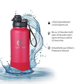 hydro2go® Stainless Steel Water Bottle with Sports Lid 1 Litre Thermos Flask BPA-Free Thermos Flask Leak-Proof Metal Sports Bottle for Sports, Outdoor (Magenta, 950 ml)