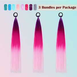PORSMEER 3 Pcs Rainbow Hair Extensions With Elastic Tie,3 Tone Mermaid Hair for Braiding Crochet,Synthetic Braided Ponytail Extension for Women,Glitter Hair for Festival/Party(Purple/Red/Pink)