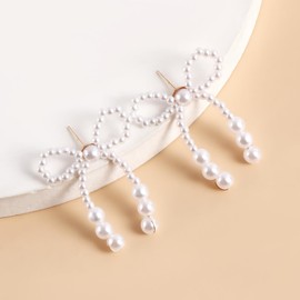 Pearl Bow Earrings for Women,18K Gold Plated Dainty Knot Bow Dangle Earrings Gold Pearl Stud Jewelry Gifts (Pearl Earrings C)