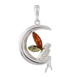Amber Jewelry for Women - Sterling Silver and Baltic Honey Amber Fairy On The Crescent Moon Pendant, Includes 925 Sterling Silver Chain - Sterling Silver Jewelry Collection, made in Poland