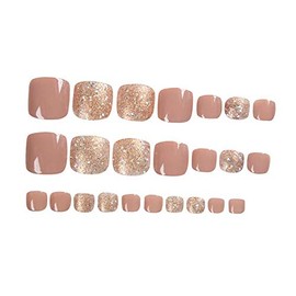 24pcs Fake Toe Nails with Glue Artificial Toe Nails Glitter Toenails Tips Pedicure Acrylic Press on Toenails for Women